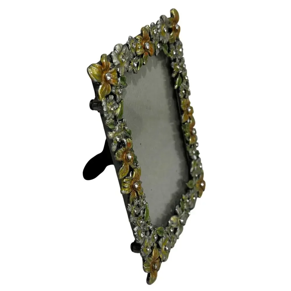 Romantic floral enamel photo picture frame yellow orange green & rhinestones